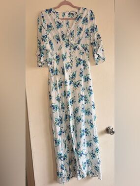 DAVI & DANI White Maxi Dress with Blue and Green Floral Print